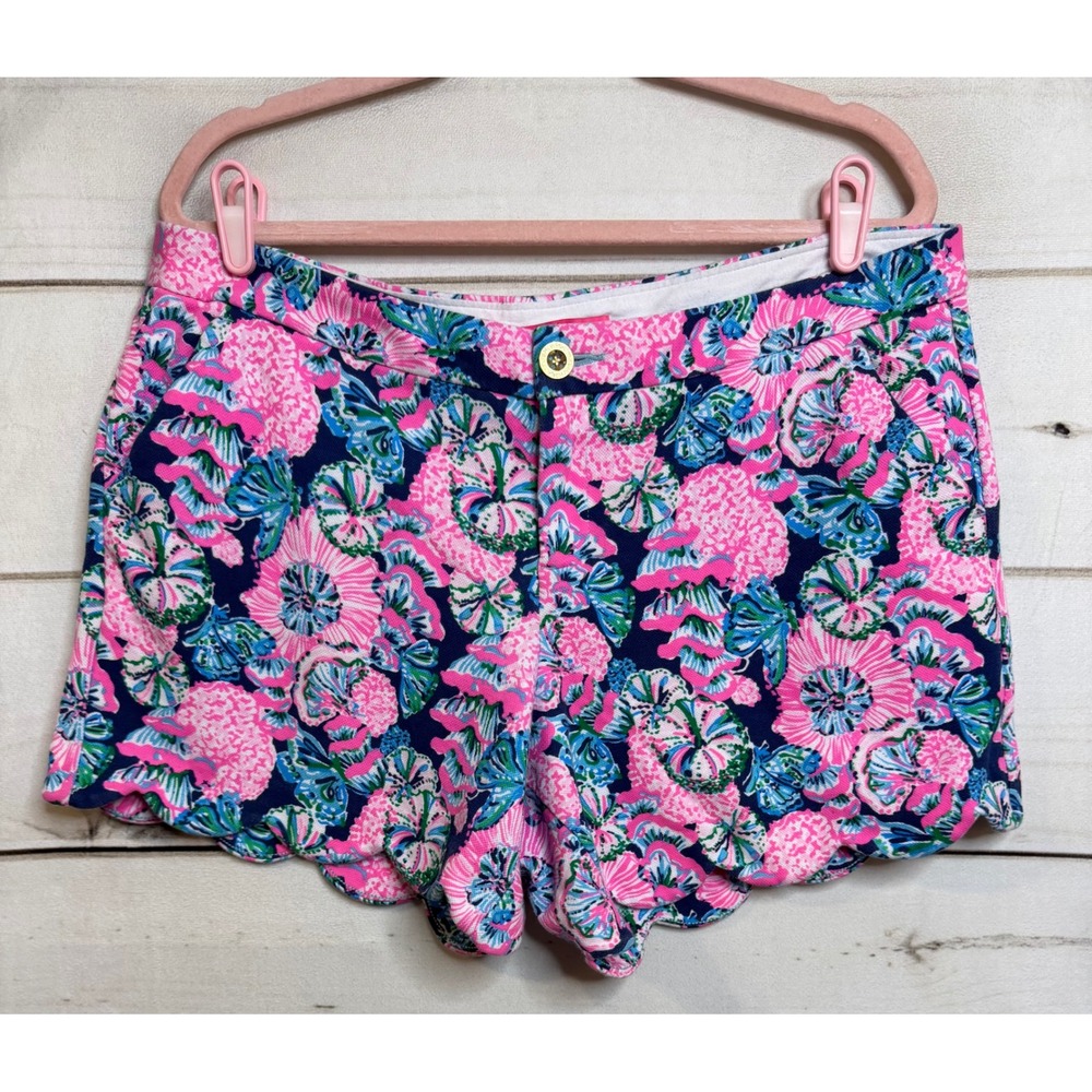 Lilly Pulitzer Pink Navy Green Floral Scallop Hem Shorts
